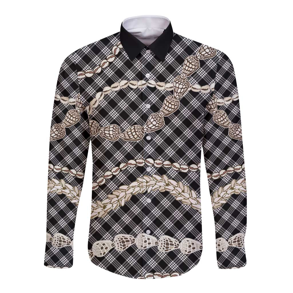 Black Aloha Hawaii Shell Lei Long Sleeve Button Shirt Palaka Hebrew Cone Honey Cowrie Elegant Curves - Polynesian Pride