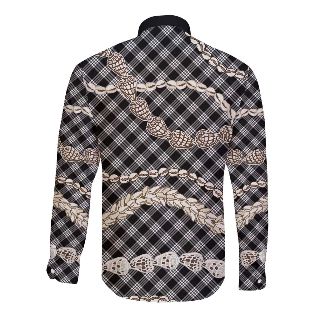 Black Aloha Hawaii Shell Lei Long Sleeve Button Shirt Palaka Hebrew Cone Honey Cowrie Elegant Curves - Polynesian Pride