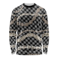 Black Aloha Hawaii Shell Lei Long Sleeve Shirt Palaka Hebrew Cone Honey Cowrie Elegant Curves - Polynesian Pride