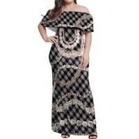 Black Aloha Hawaii Shell Lei Off Shoulder Maxi Dress Palaka Hebrew Cone Honey Cowrie Elegant Curves - Polynesian Pride