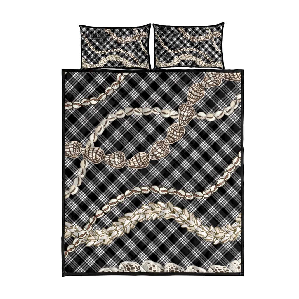Black Aloha Hawaii Shell Lei Quilt Bed Set Palaka Hebrew Cone Honey Cowrie Elegant Curves - Polynesian Pride