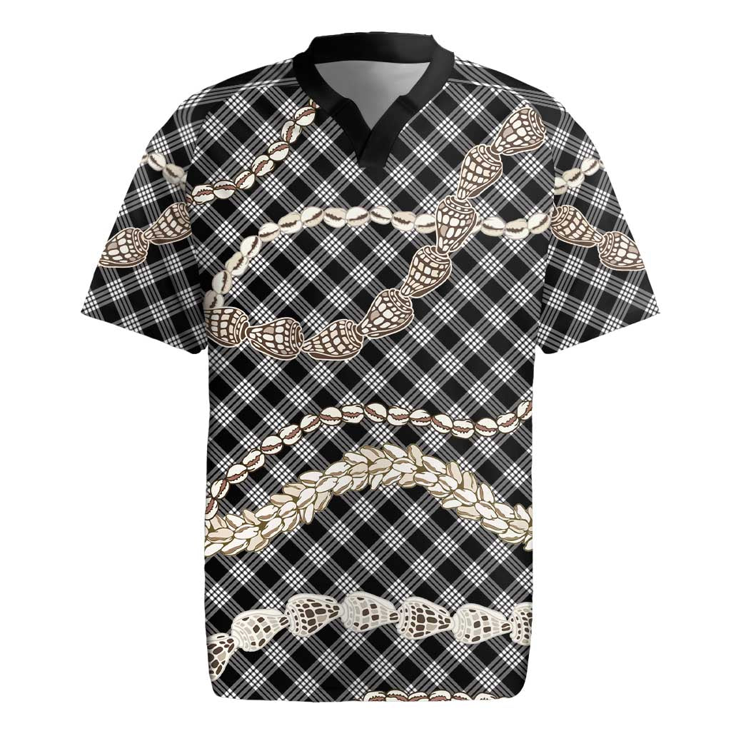 Black Aloha Hawaii Shell Lei Rugby Jersey Palaka Hebrew Cone Honey Cowrie Elegant Curves - Polynesian Pride