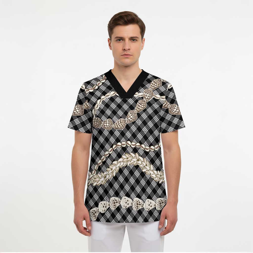 Black Aloha Hawaii Shell Lei Scrub Top Palaka Hebrew Cone Honey Cowrie Elegant Curves - Polynesian Pride