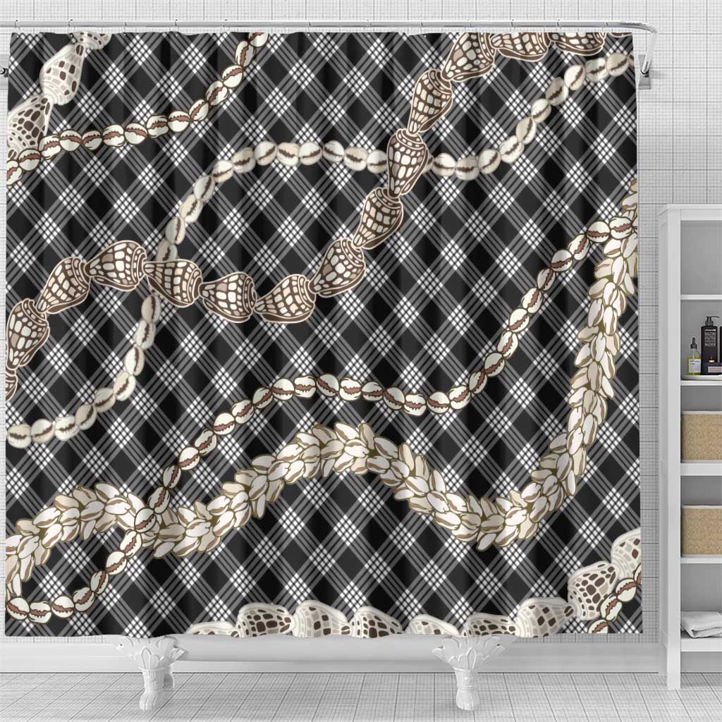 Black Aloha Hawaii Shell Lei Shower Curtain Palaka Hebrew Cone Honey Cowrie Elegant Curves - Polynesian Pride