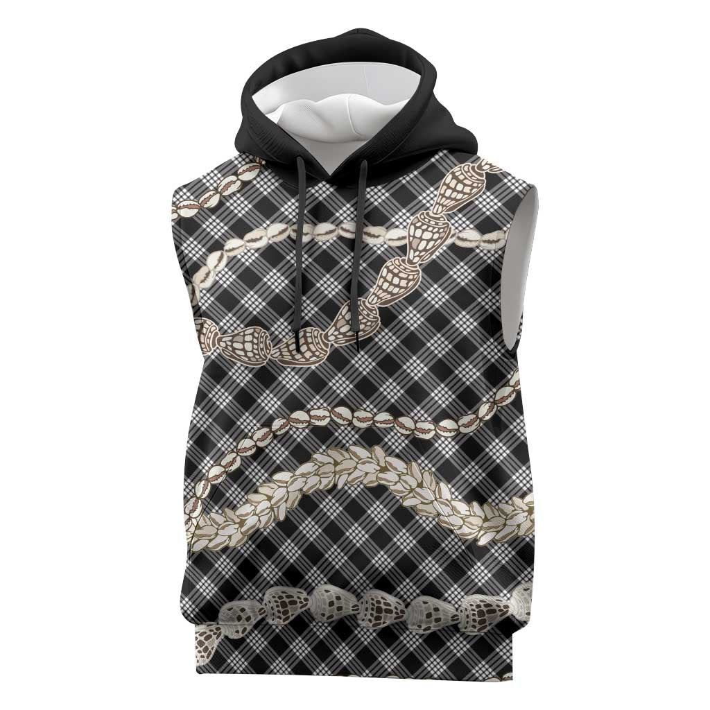 Black Aloha Hawaii Shell Lei Sleeveless Hoodie Palaka Hebrew Cone Honey Cowrie Elegant Curves LT14 Black - Polynesian Pride