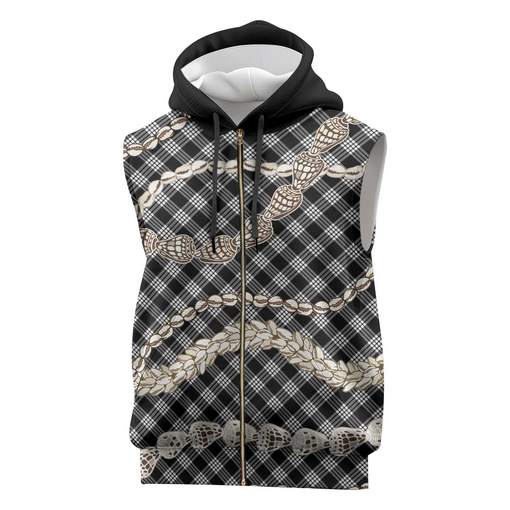 Black Aloha Hawaii Shell Lei Sleeveless Zip Hoodie Palaka Hebrew Cone Honey Cowrie Elegant Curves - Polynesian Pride