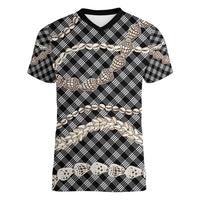 Black Aloha Hawaii Shell Lei Women V-Neck T-Shirt Palaka Hebrew Cone Honey Cowrie Elegant Curves - Polynesian Pride