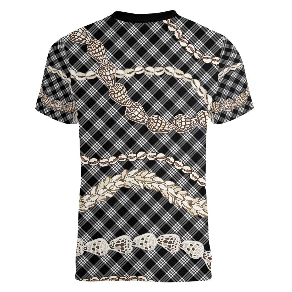 Black Aloha Hawaii Shell Lei Women V-Neck T-Shirt Palaka Hebrew Cone Honey Cowrie Elegant Curves - Polynesian Pride