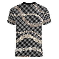 Black Aloha Hawaii Shell Lei Women V-Neck T-Shirt Palaka Hebrew Cone Honey Cowrie Elegant Curves - Polynesian Pride