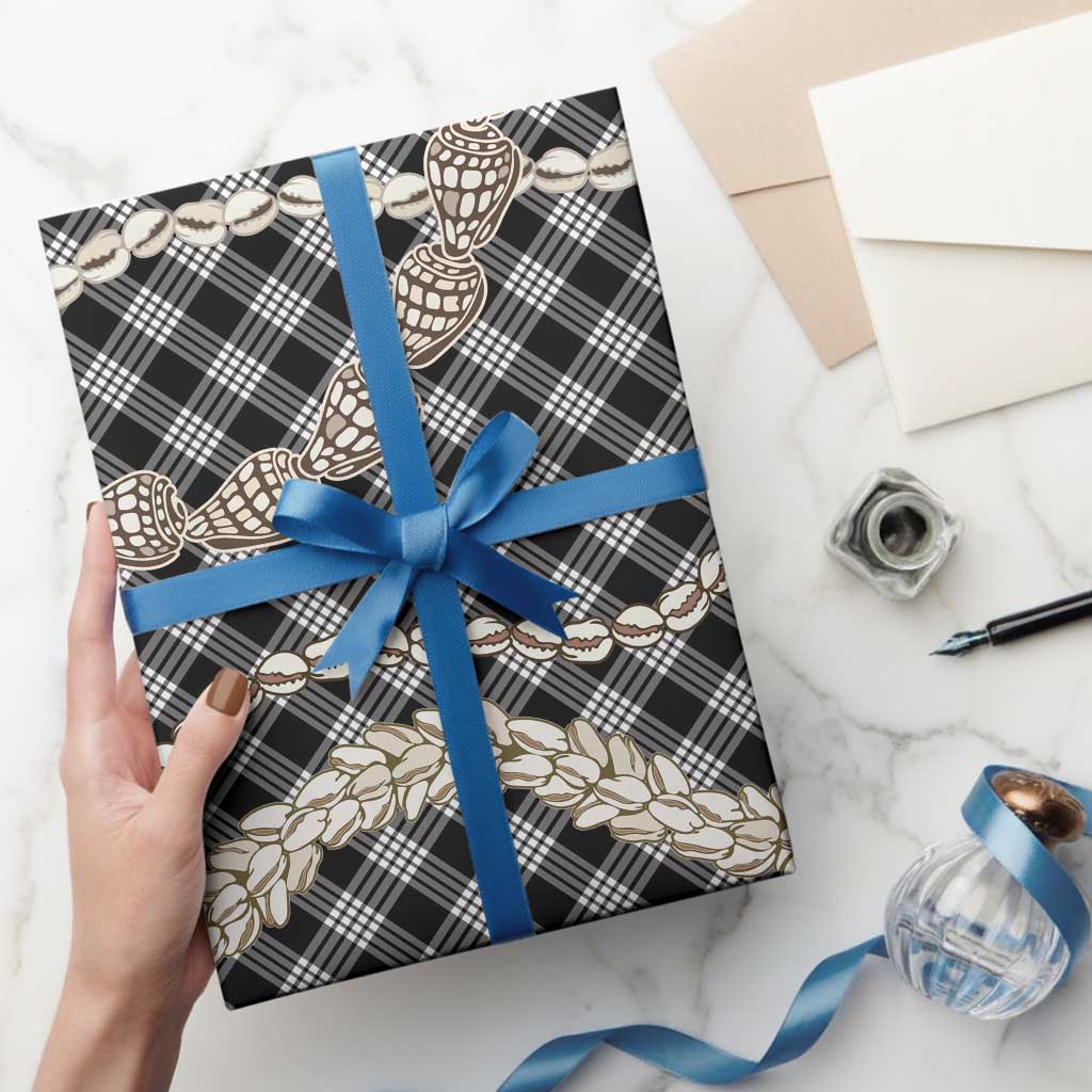 Black Aloha Hawaii Shell Lei Wrapping Paper Palaka Hebrew Cone Honey Cowrie Elegant Curves - Polynesian Pride