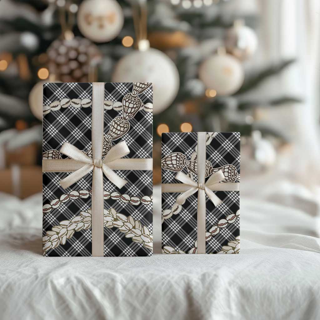 Black Aloha Hawaii Shell Lei Wrapping Paper Palaka Hebrew Cone Honey Cowrie Elegant Curves - Polynesian Pride