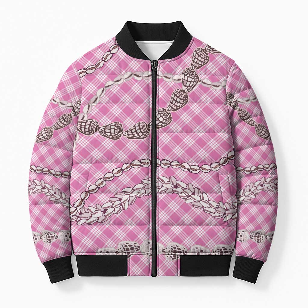 Pink Aloha Hawaii Shell Lei Bomber Puffer Jacket Palaka Hebrew Cone Honey Cowrie Elegant Curves - Polynesian Pride