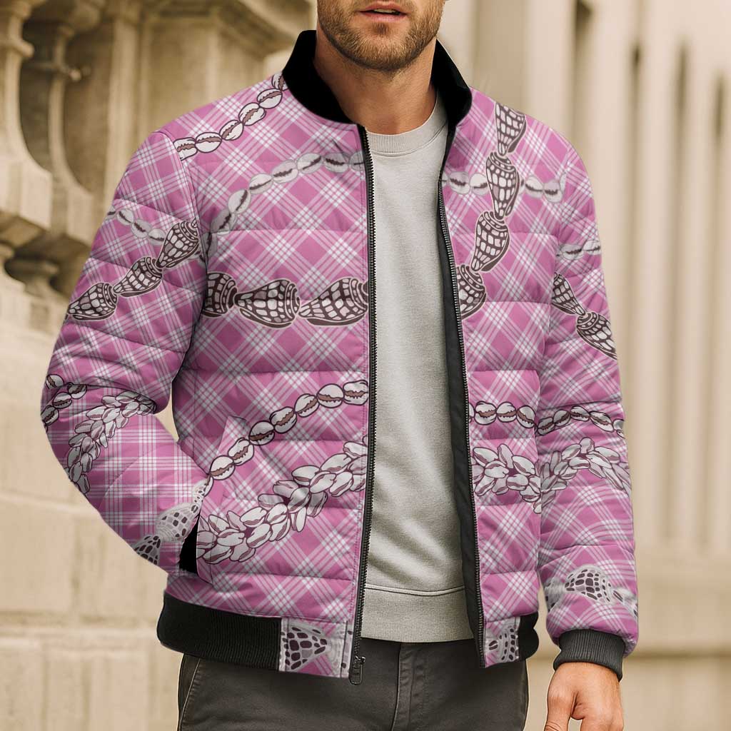 Pink Aloha Hawaii Shell Lei Bomber Puffer Jacket Palaka Hebrew Cone Honey Cowrie Elegant Curves - Polynesian Pride