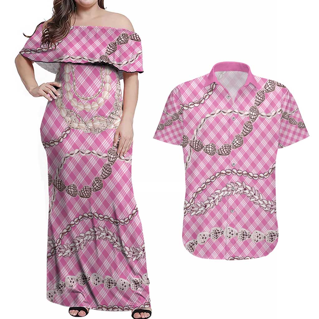 Pink Aloha Hawaii Shell Lei Couples Matching Off Shoulder Maxi Dress and Hawaiian Shirt Palaka Hebrew Cone Honey Cowrie Elegant Curves - Polynesian Pride