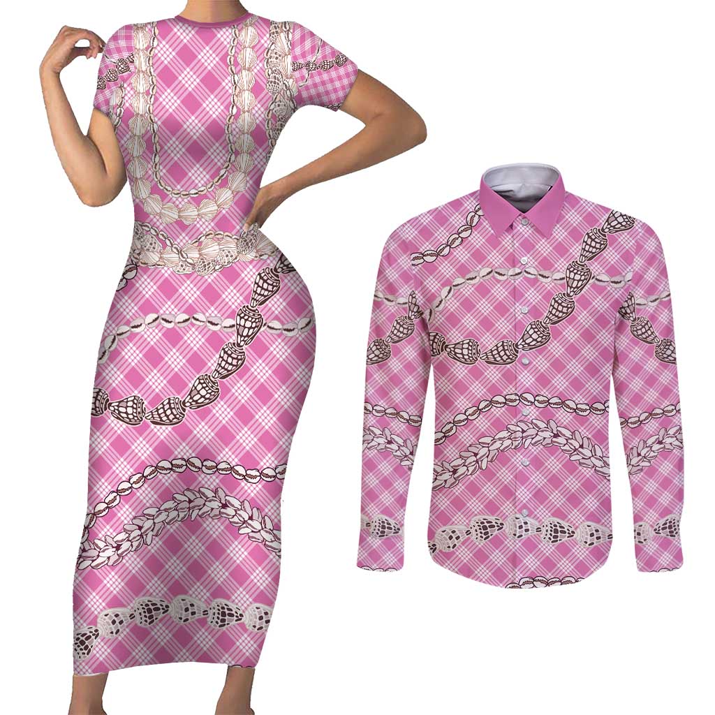 Pink Aloha Hawaii Shell Lei Couples Matching Short Sleeve Bodycon Dress and Long Sleeve Button Shirt Palaka Hebrew Cone Honey Cowrie Elegant Curves - Polynesian Pride