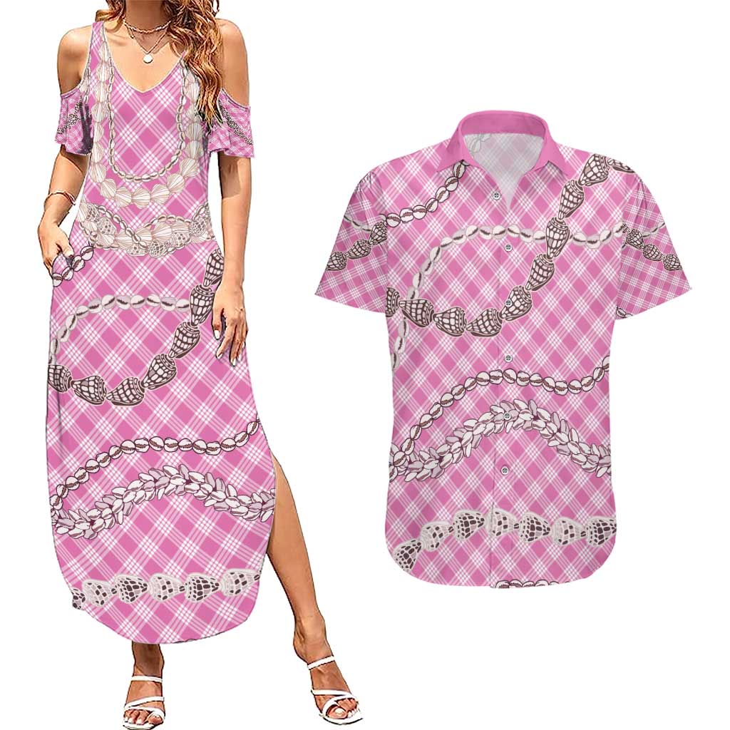 Pink Aloha Hawaii Shell Lei Couples Matching Summer Maxi Dress and Hawaiian Shirt Palaka Hebrew Cone Honey Cowrie Elegant Curves - Polynesian Pride