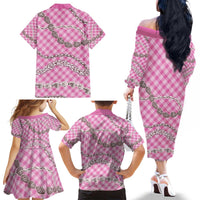 Pink Aloha Hawaii Shell Lei Family Matching Off The Shoulder Long Sleeve Dress and Hawaiian Shirt Palaka Hebrew Cone Honey Cowrie Elegant Curves - Polynesian Pride