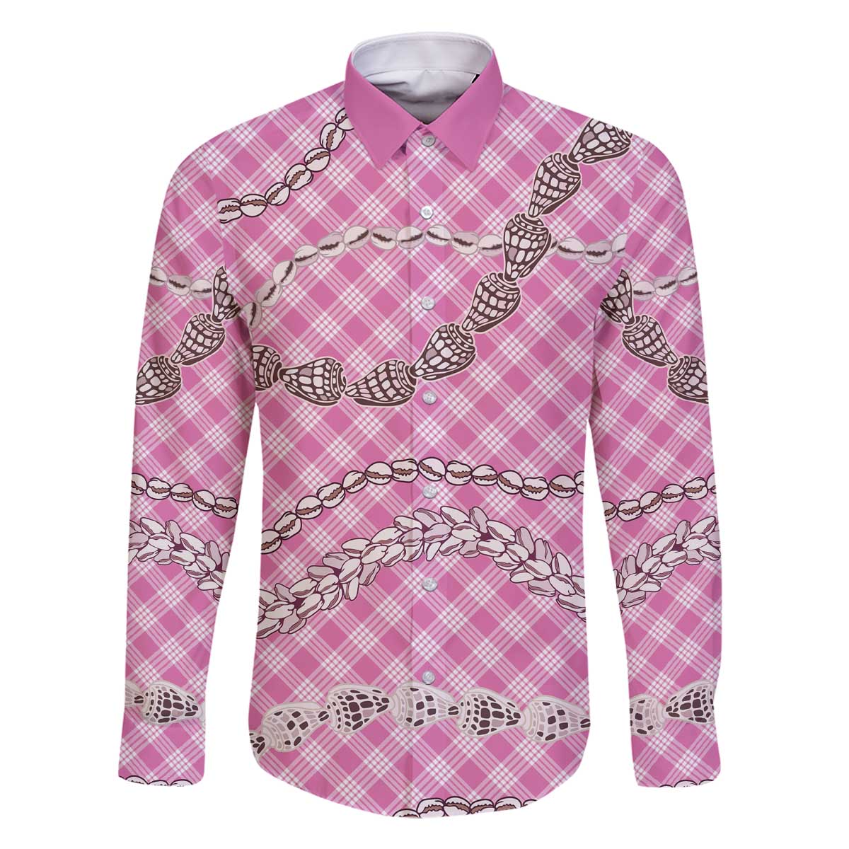 Pink Aloha Hawaii Shell Lei Family Matching Off The Shoulder Long Sleeve Dress and Hawaiian Shirt Palaka Hebrew Cone Honey Cowrie Elegant Curves - Polynesian Pride