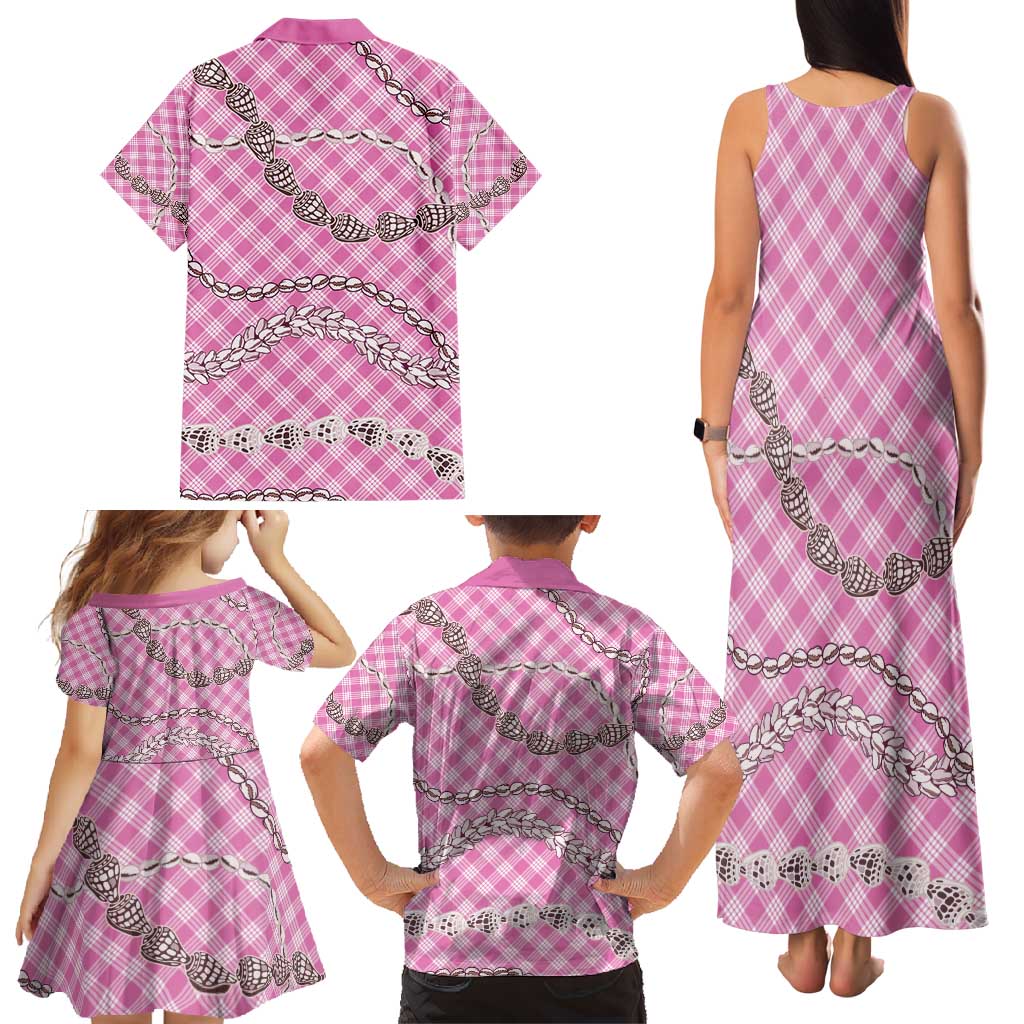 Pink Aloha Hawaii Shell Lei Family Matching Tank Maxi Dress and Hawaiian Shirt Palaka Hebrew Cone Honey Cowrie Elegant Curves - Polynesian Pride