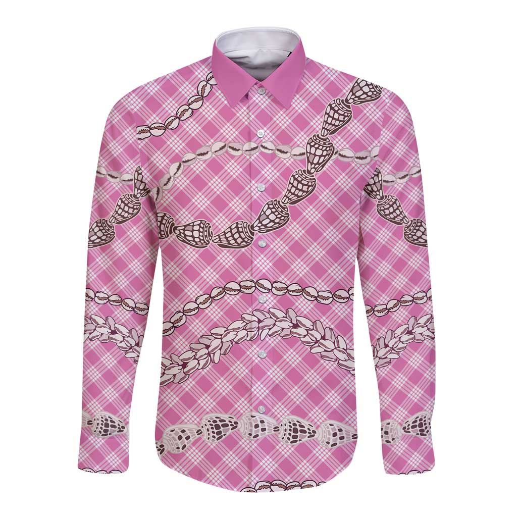 Pink Aloha Hawaii Shell Lei Long Sleeve Button Shirt Palaka Hebrew Cone Honey Cowrie Elegant Curves - Polynesian Pride