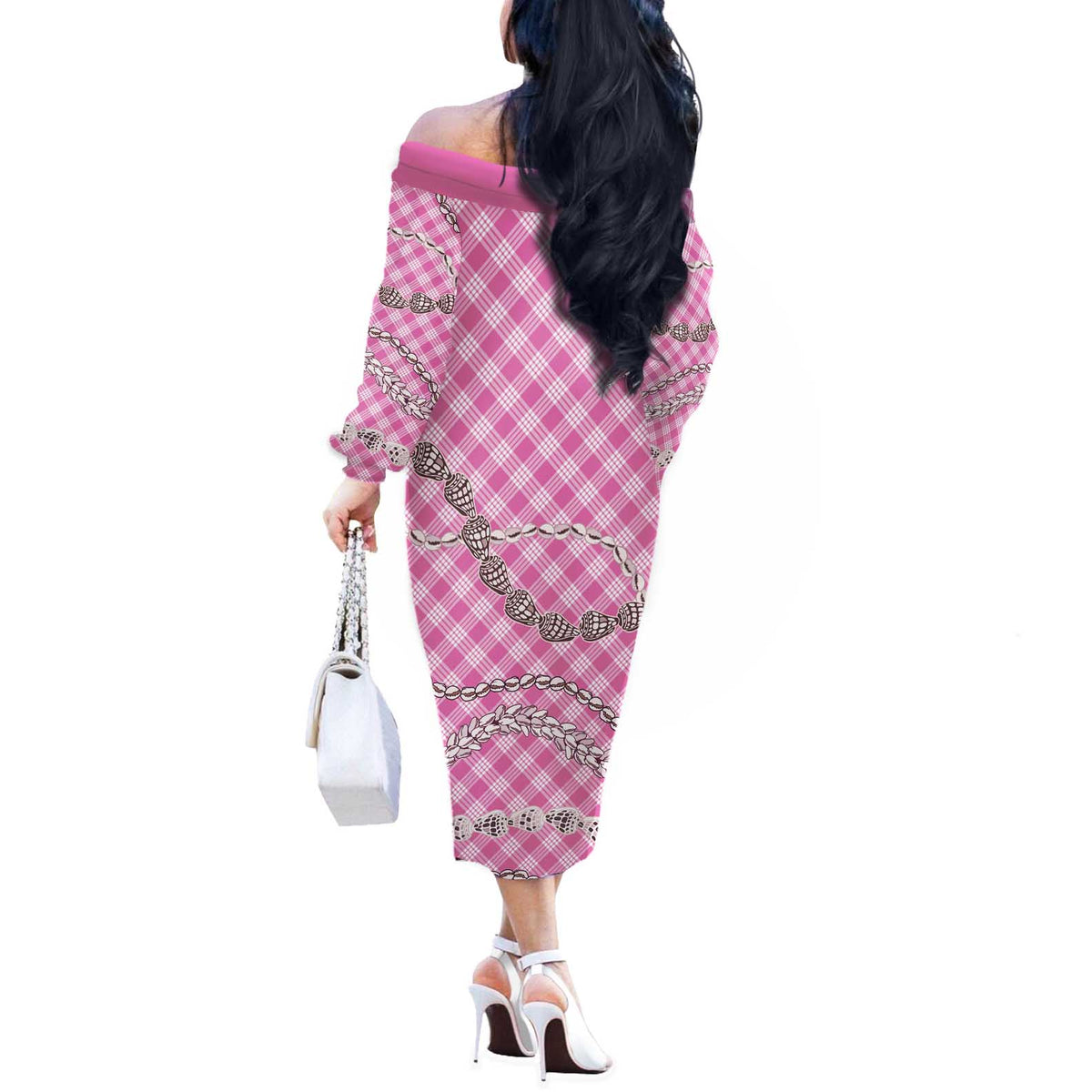 Pink Aloha Hawaii Shell Lei Off The Shoulder Long Sleeve Dress Palaka Hebrew Cone Honey Cowrie Elegant Curves - Polynesian Pride