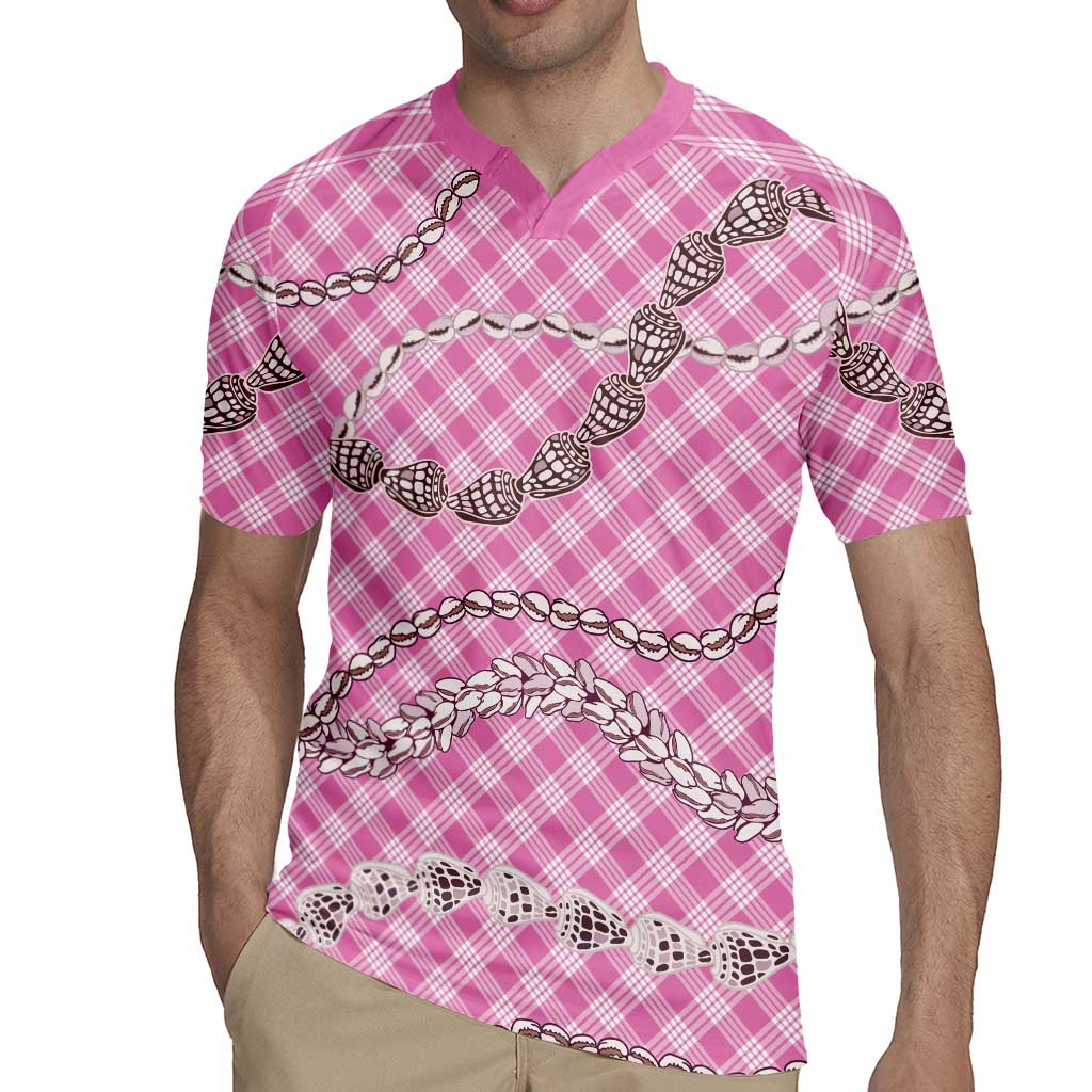 Pink Aloha Hawaii Shell Lei Rugby Jersey Palaka Hebrew Cone Honey Cowrie Elegant Curves - Polynesian Pride