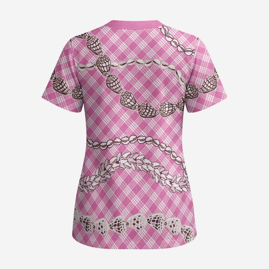 Pink Aloha Hawaii Shell Lei Scrub Top Palaka Hebrew Cone Honey Cowrie Elegant Curves - Polynesian Pride