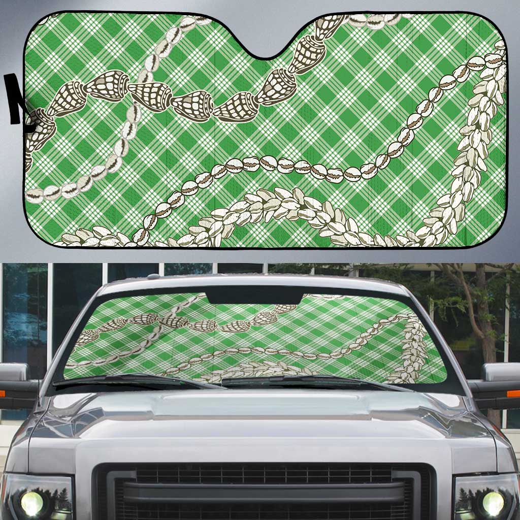 Green Aloha Hawaii Shell Lei Auto Sun Shade Palaka Hebrew Cone Honey Cowrie Elegant Curves - Polynesian Pride