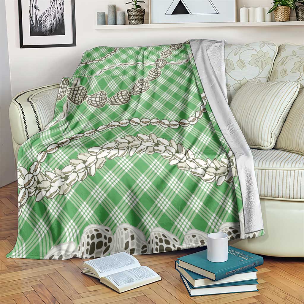 Green Aloha Hawaii Shell Lei Blanket Palaka Hebrew Cone Honey Cowrie Elegant Curves LT14 Green - Polynesian Pride
