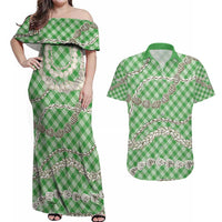 Green Aloha Hawaii Shell Lei Couples Matching Off Shoulder Maxi Dress and Hawaiian Shirt Palaka Hebrew Cone Honey Cowrie Elegant Curves - Polynesian Pride