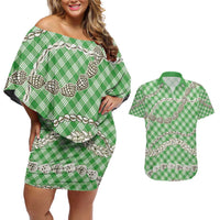 Green Aloha Hawaii Shell Lei Couples Matching Off Shoulder Short Dress and Hawaiian Shirt Palaka Hebrew Cone Honey Cowrie Elegant Curves - Polynesian Pride