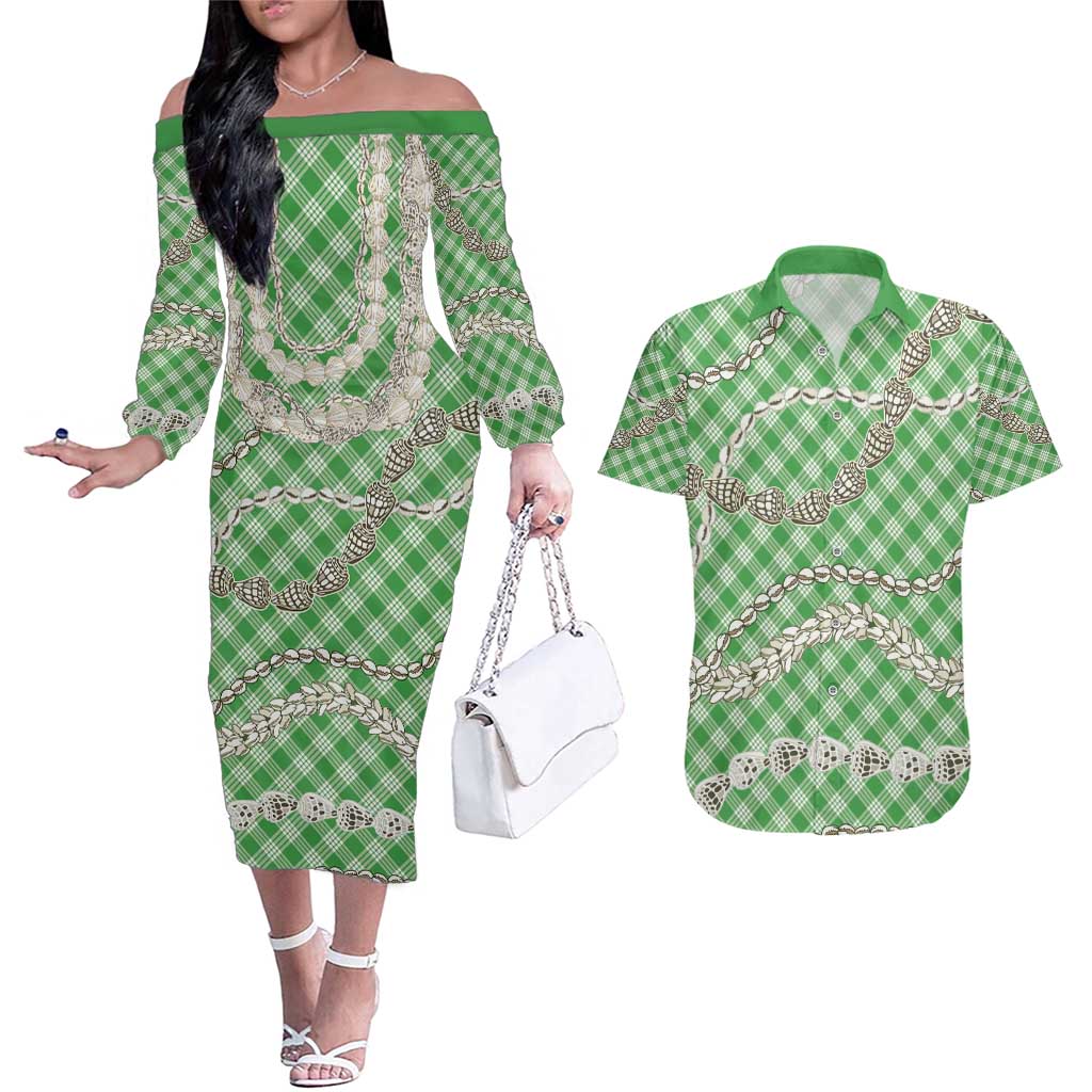 Green Aloha Hawaii Shell Lei Couples Matching Off The Shoulder Long Sleeve Dress and Hawaiian Shirt Palaka Hebrew Cone Honey Cowrie Elegant Curves - Polynesian Pride