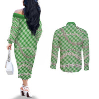 Green Aloha Hawaii Shell Lei Couples Matching Off The Shoulder Long Sleeve Dress and Long Sleeve Button Shirt Palaka Hebrew Cone Honey Cowrie Elegant Curves - Polynesian Pride