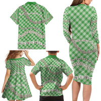 Green Aloha Hawaii Shell Lei Family Matching Long Sleeve Bodycon Dress and Hawaiian Shirt Palaka Hebrew Cone Honey Cowrie Elegant Curves - Polynesian Pride