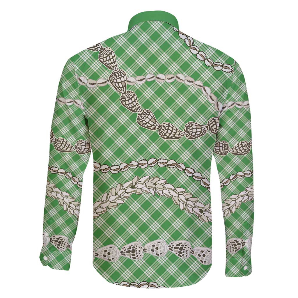 Green Aloha Hawaii Shell Lei Family Matching Long Sleeve Bodycon Dress and Hawaiian Shirt Palaka Hebrew Cone Honey Cowrie Elegant Curves - Polynesian Pride