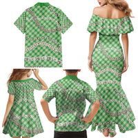 Green Aloha Hawaii Shell Lei Family Matching Mermaid Dress and Hawaiian Shirt Palaka Hebrew Cone Honey Cowrie Elegant Curves - Polynesian Pride