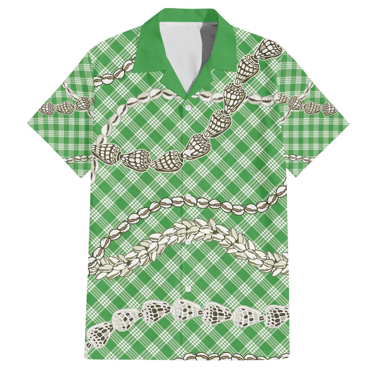 Green Aloha Hawaii Shell Lei Family Matching Off The Shoulder Long Sleeve Dress and Hawaiian Shirt Palaka Hebrew Cone Honey Cowrie Elegant Curves - Polynesian Pride