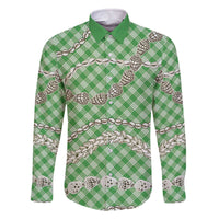 Green Aloha Hawaii Shell Lei Family Matching Off The Shoulder Long Sleeve Dress and Hawaiian Shirt Palaka Hebrew Cone Honey Cowrie Elegant Curves - Polynesian Pride