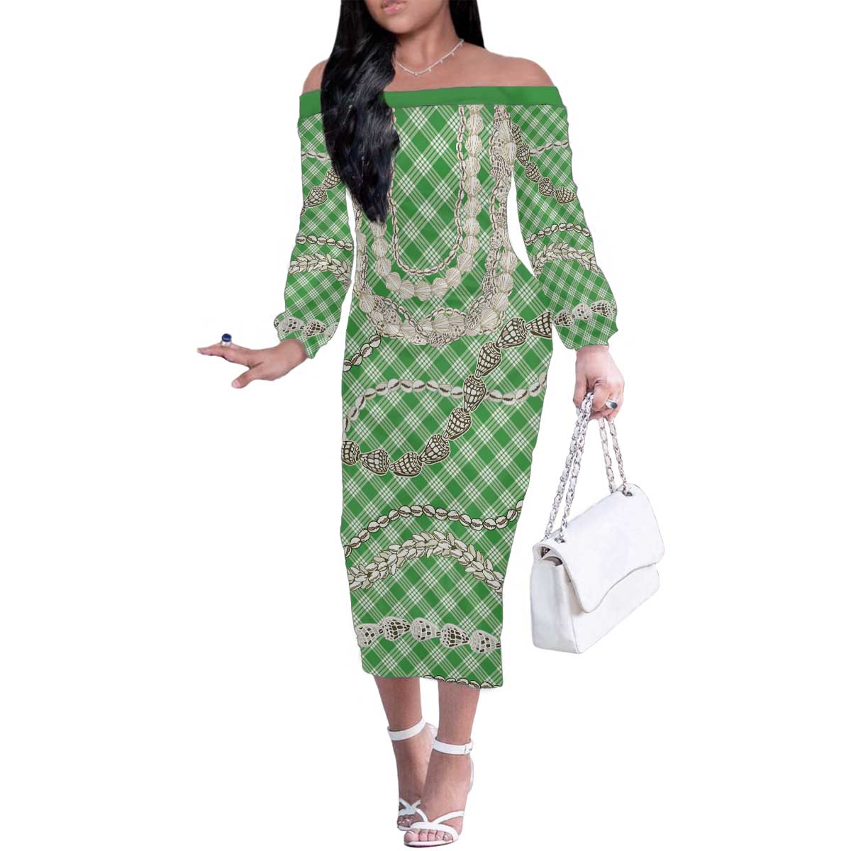 Green Aloha Hawaii Shell Lei Family Matching Off The Shoulder Long Sleeve Dress and Hawaiian Shirt Palaka Hebrew Cone Honey Cowrie Elegant Curves - Polynesian Pride