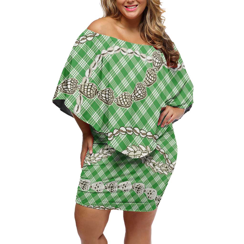 Green Aloha Hawaii Shell Lei Family Matching Off Shoulder Short Dress and Hawaiian Shirt Palaka Hebrew Cone Honey Cowrie Elegant Curves - Polynesian Pride