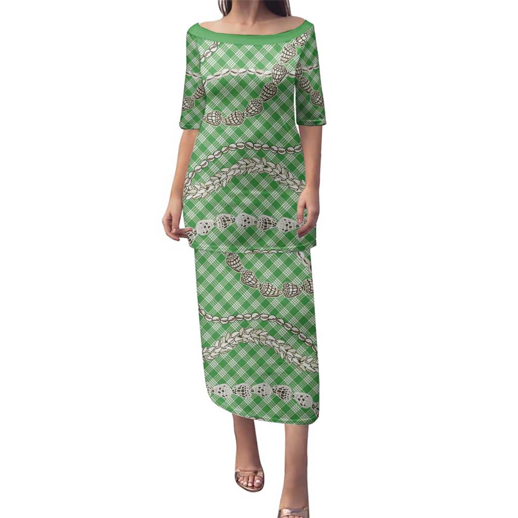 Green Aloha Hawaii Shell Lei Family Matching Puletasi and Hawaiian Shirt Palaka Hebrew Cone Honey Cowrie Elegant Curves - Polynesian Pride