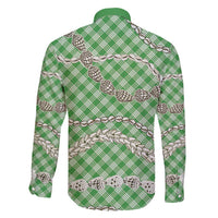 Green Aloha Hawaii Shell Lei Family Matching Short Sleeve Bodycon Dress and Hawaiian Shirt Palaka Hebrew Cone Honey Cowrie Elegant Curves - Polynesian Pride