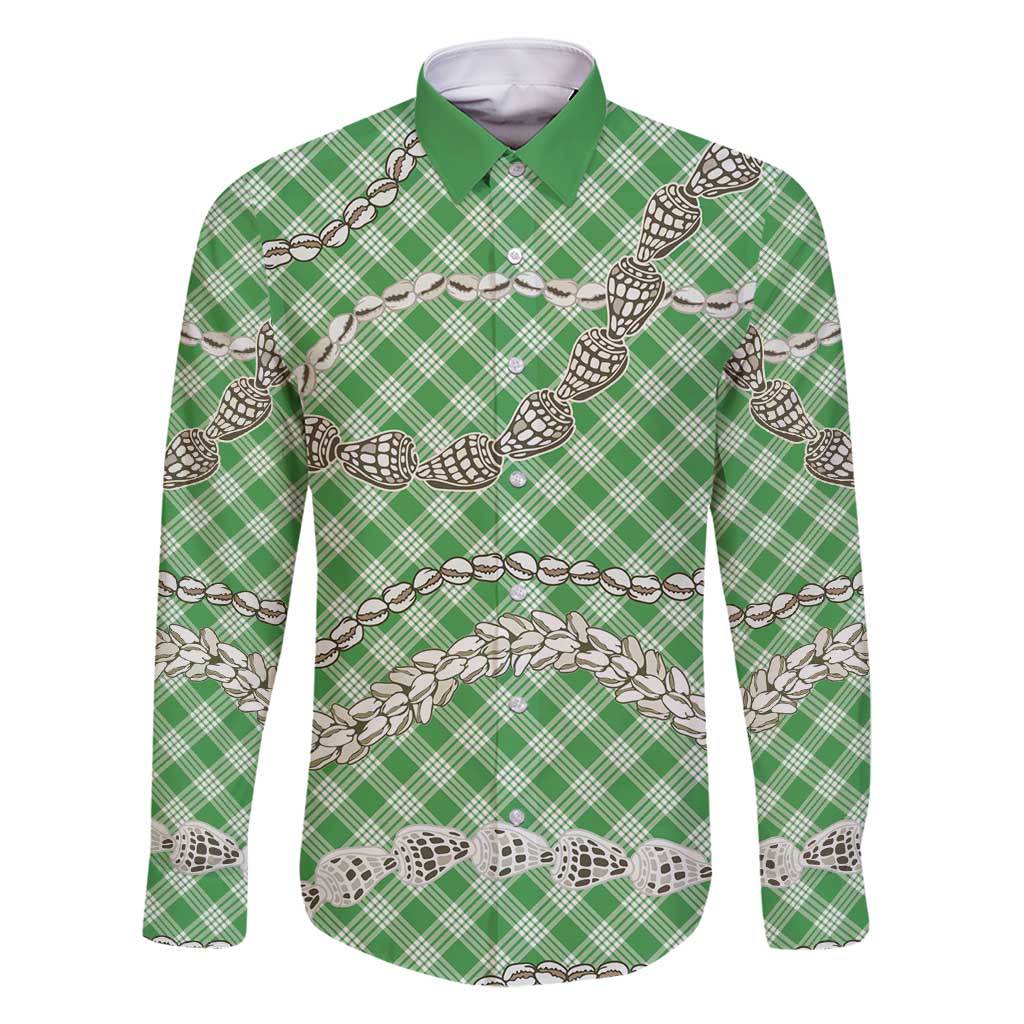 Green Aloha Hawaii Shell Lei Family Matching Summer Maxi Dress and Hawaiian Shirt Palaka Hebrew Cone Honey Cowrie Elegant Curves - Polynesian Pride