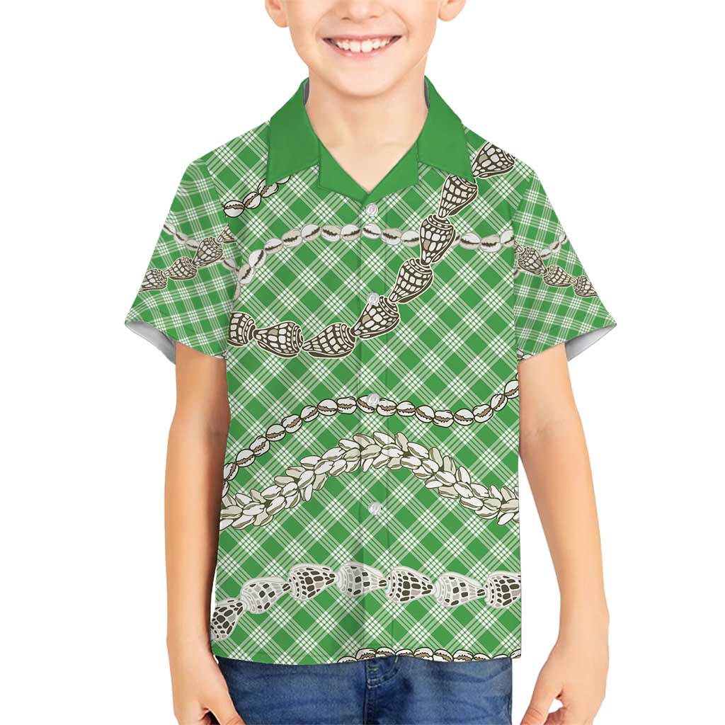 Green Aloha Hawaii Shell Lei Family Matching Summer Maxi Dress and Hawaiian Shirt Palaka Hebrew Cone Honey Cowrie Elegant Curves - Polynesian Pride