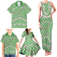 Green Aloha Hawaii Shell Lei Family Matching Tank Maxi Dress and Hawaiian Shirt Palaka Hebrew Cone Honey Cowrie Elegant Curves - Polynesian Pride