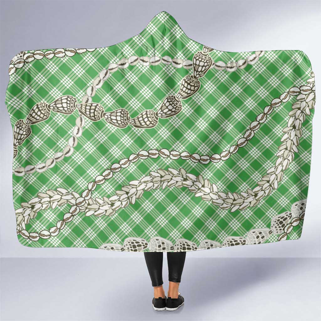 Green Aloha Hawaii Shell Lei Hooded Blanket Palaka Hebrew Cone Honey Cowrie Elegant Curves - Polynesian Pride