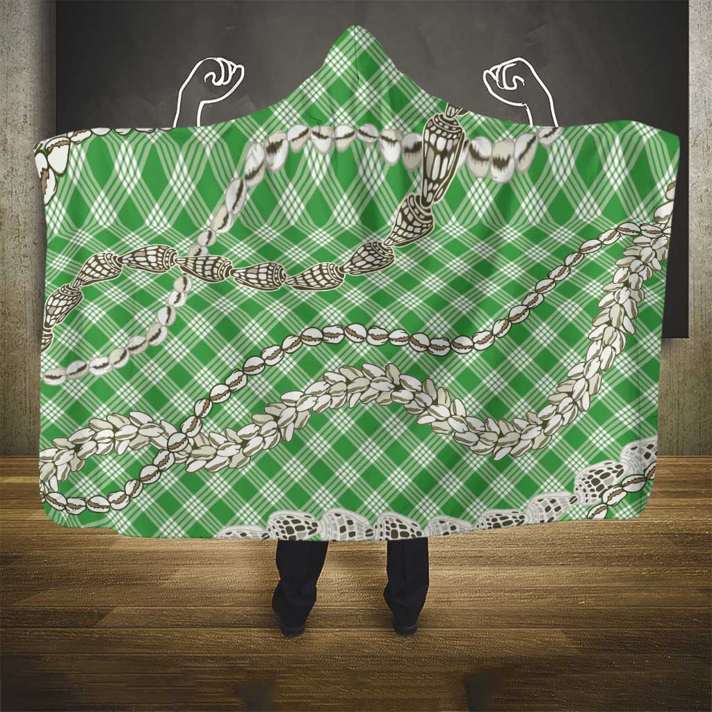 Green Aloha Hawaii Shell Lei Hooded Blanket Palaka Hebrew Cone Honey Cowrie Elegant Curves - Polynesian Pride