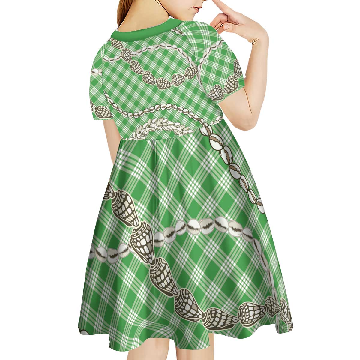 Green Aloha Hawaii Shell Lei Kid Short Sleeve Dress Palaka Hebrew Cone Honey Cowrie Elegant Curves - Polynesian Pride