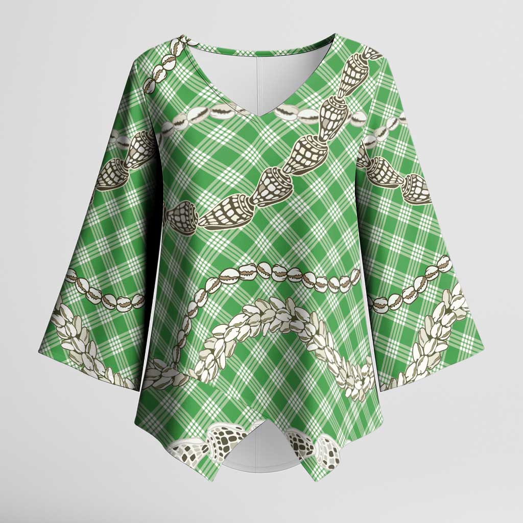 Green Aloha Hawaii Shell Lei Kimono Sleeve Blouse Palaka Hebrew Cone Honey Cowrie Elegant Curves - Polynesian Pride