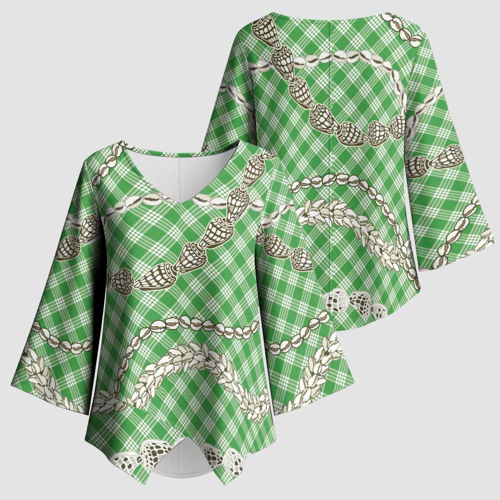 Green Aloha Hawaii Shell Lei Kimono Sleeve Blouse Palaka Hebrew Cone Honey Cowrie Elegant Curves - Polynesian Pride
